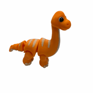 3D-printed orange Brachiosaurus with cream-colored stripes and articulated limbs, displayed on a white background.