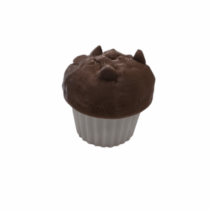 3D printed chocolate chip muffin fidget toy with a brown top and white base, designed as a silent clicker that moves up and down when pressed.
