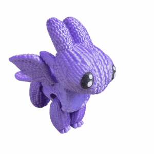 3D-printed purple dragon figurine with a crochet-like texture, made from shiny silk filament, posed on a white background.
