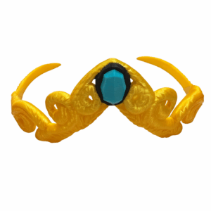 3D-printed fantasy crown inspired by 14th-century design, made with gold, black, and teal PLA filaments, featuring ornate detailing and a central gemstone.