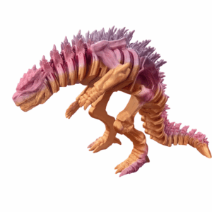 3D-printed articulated dragon figurine named Crystalon in shimmering purple and gold colors, standing on a white background.