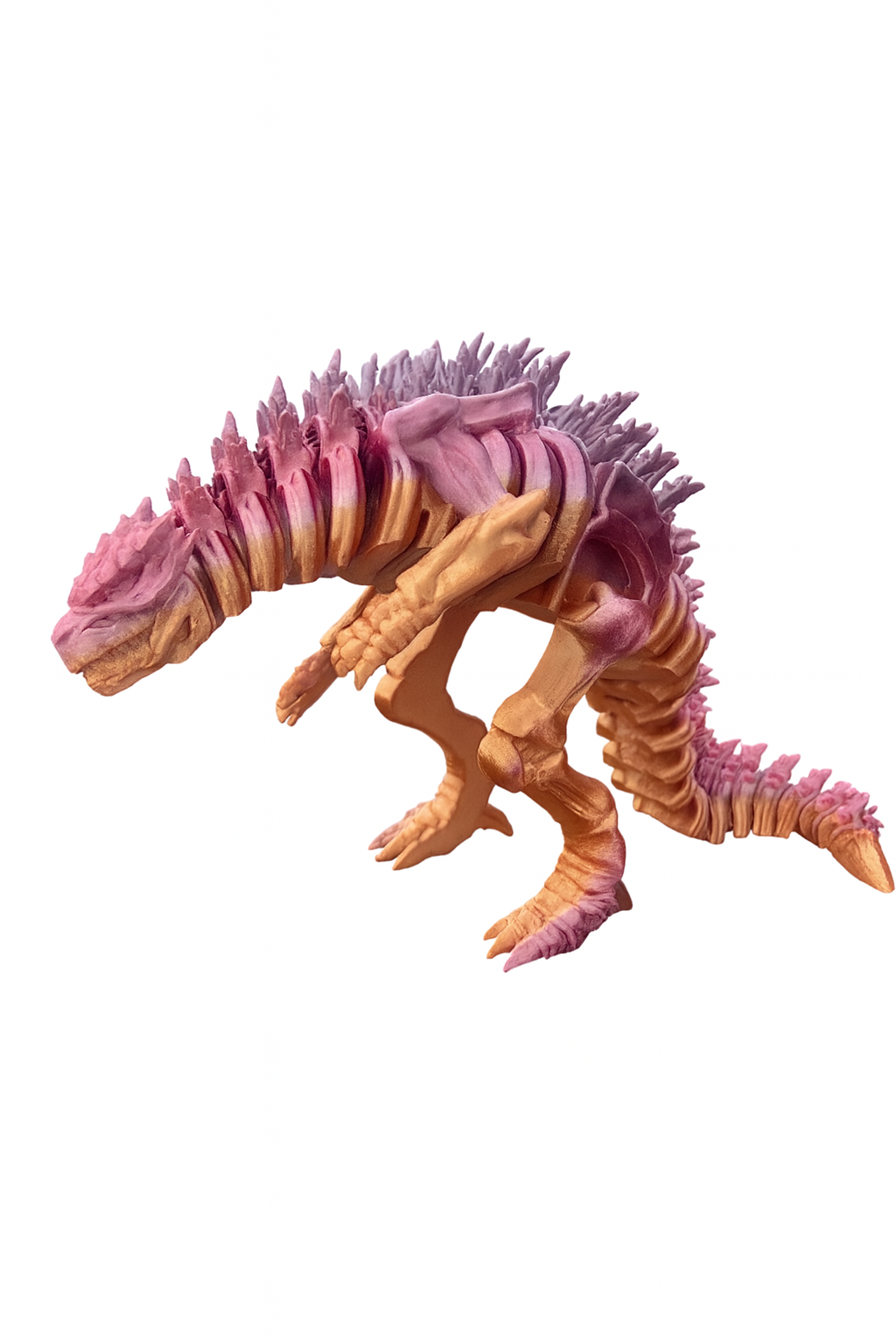 3D-printed articulated dragon figurine named Crystalon in shimmering purple and gold colors, standing on a white background.