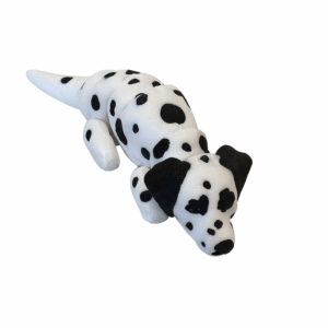 3D-printed Dalmatian figurine made from black and white PLA filament, featuring realistic spots and a smooth finish, posed lying down.