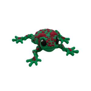 Articulated 3D printed frog with green body and red spots, featuring movable legs and detailed texture made from high-quality PLA filament.