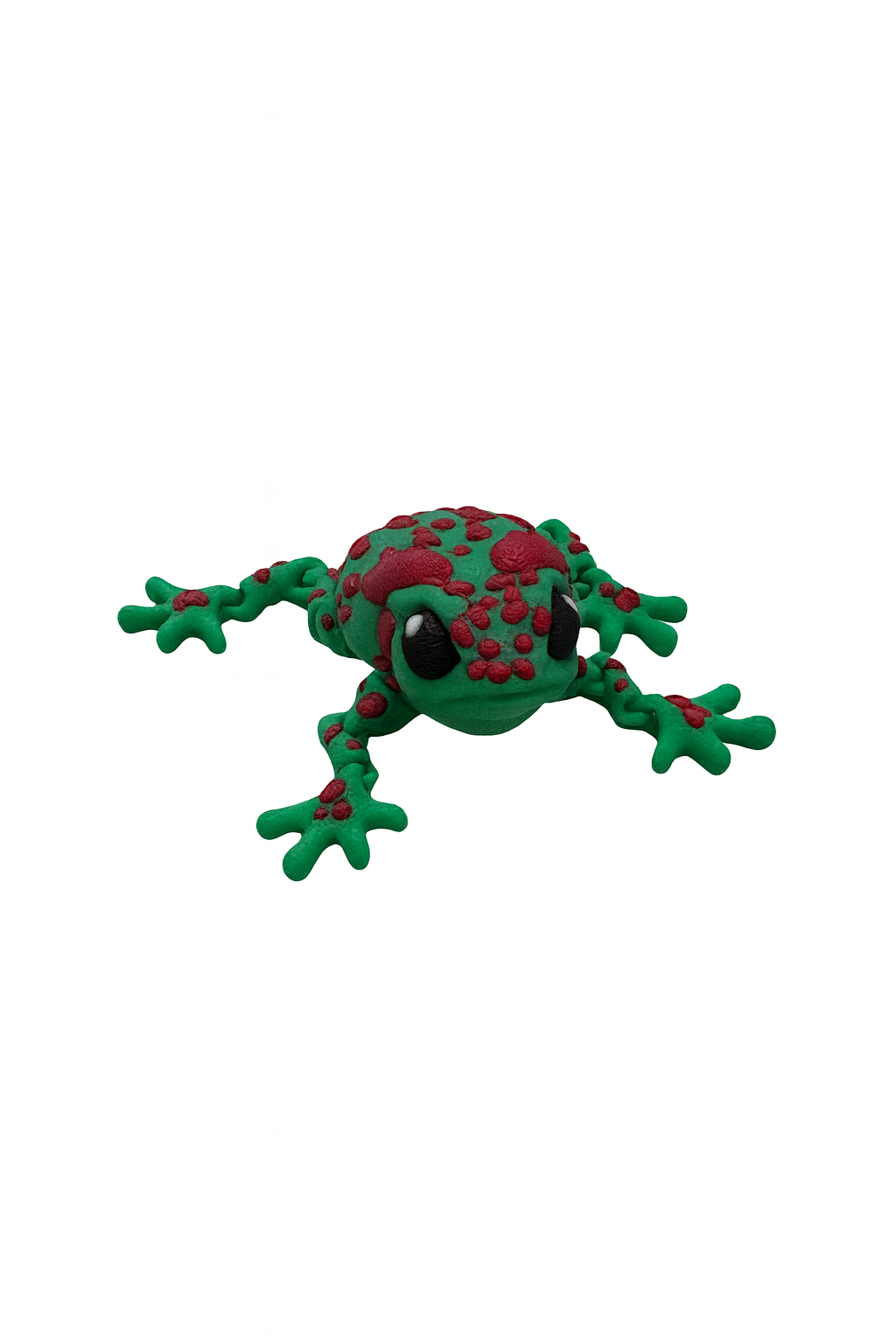 Articulated 3D printed frog with green body and red spots, featuring movable legs and detailed texture made from high-quality PLA filament.