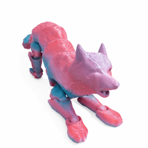 3D-printed howling wolf figurine in shimmering pink, purple, and blue gradient colors, posed in a prowling position on a white background.