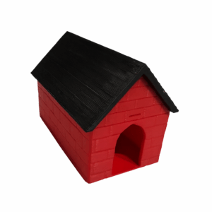 3D-printed miniature red dog house with a black removable roof, designed for small collectible dogs, sitting on a white background.