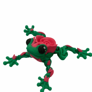 Articulated 3D printed Rose Frog with a green body and pink accents, featuring a sculpted rose on its back and movable limbs made from PLA filament.