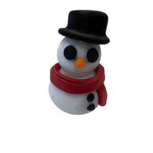 3D-printed articulated snowman figurine with black hat, red scarf, and orange carrot nose, standing on a white background.