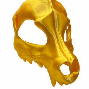 3D-printed golden wolf scull mask with detailed sculpting and large eye openings, displayed against a white background.
