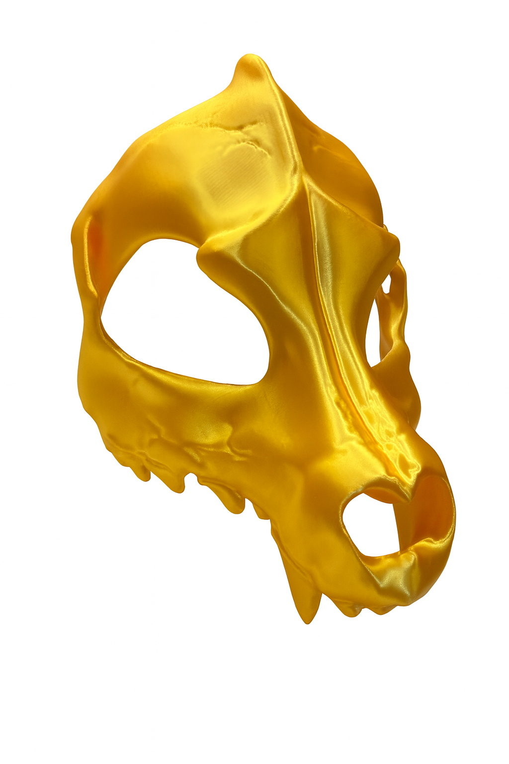 3D-printed golden wolf scull mask with detailed sculpting and large eye openings, displayed against a white background.