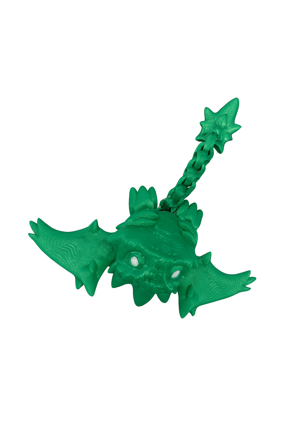 Articulated 3D printed green dragon named Zephyrax, featuring detailed wings, a spiked tail, and movable body segments made from PLA filament.