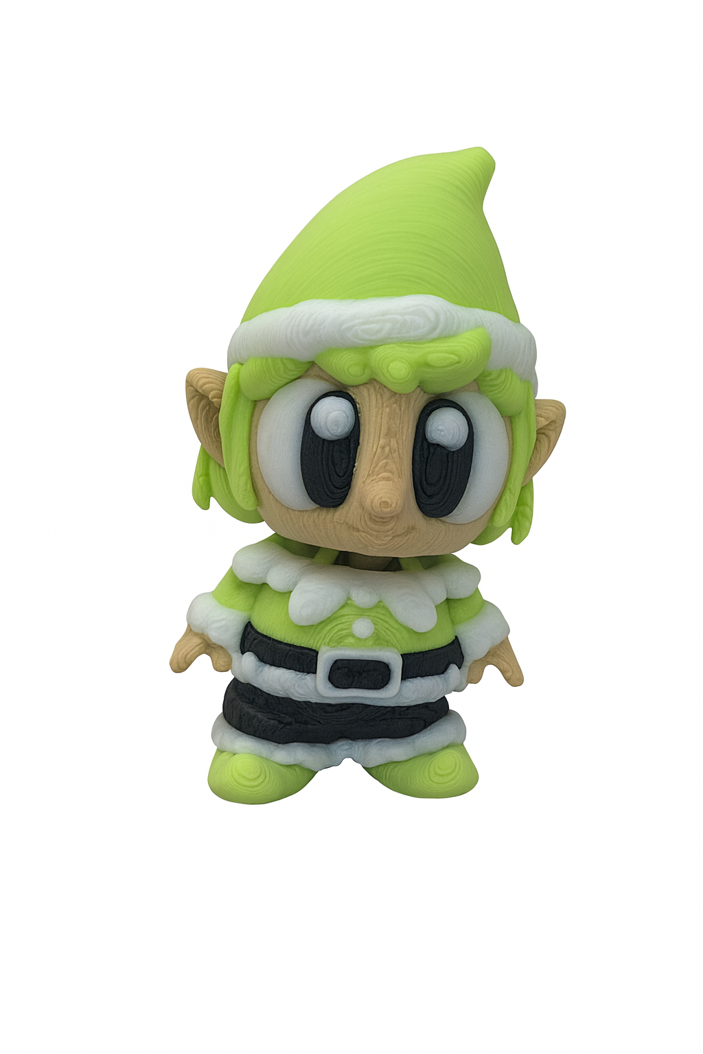 3D-printed chibi-style Santa’s Elf Helper figurine in green, white, and black PLA