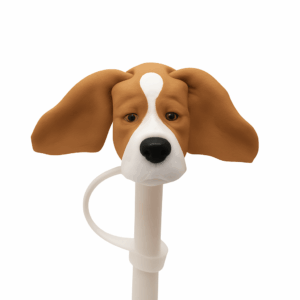 3D-printed Beagle dog head straw topper on a white straw, shown against a clean white background.