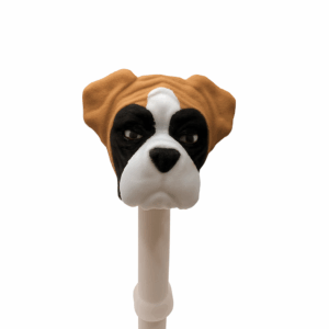 3D-printed Boxer dog straw topper displayed on a single white post with a clean white background.