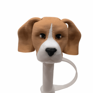 3D printed short-eared Beagle straw topper displayed on a white post with brown and white coloring and floppy ears.