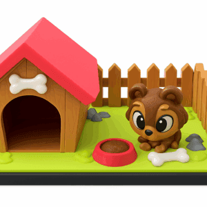 Mini doghouse diorama with cute puppy, fenced backyard scene, and dog bowl displayed on a white background