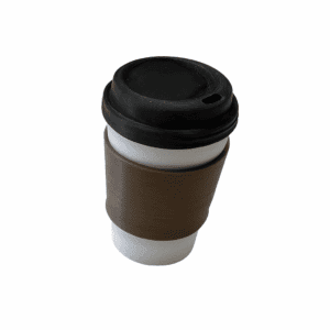 3D printed coffee cup fidget clicker held between fingers, with underside button being pressed for tactile clicking