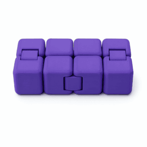 Purple 3D printed infinity cube fidget toy shown being flipped in an adult woman’s hands on a white background