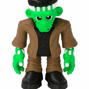 Articulated 3D printed green monster figurine with black boots and brown jacket centered on a white background.