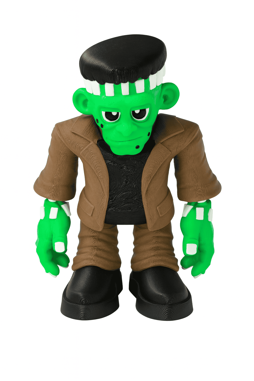 Articulated 3D printed green monster figurine with black boots and brown jacket centered on a white background.