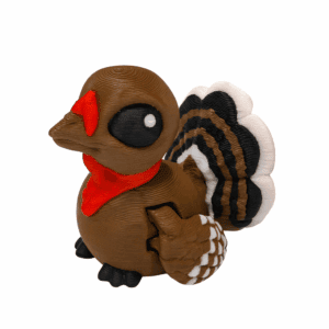 Articulated 3D printed turkey figurine in fall colors centered on a white background with detailed tail feathers and flexible joints.