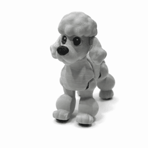 Articulated white 3D printed poodle dog figurine standing on a pure white background with detailed sculpted fur and poseable legs
