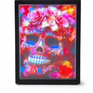 Sugar skull LED lightbox with colorful illuminated design, 3D printed frame on white background