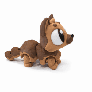 Cute 3D printed dog figurine with expressive eyes, centered on a white background as a desk collectible