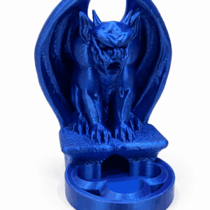 Blue 3D printed gargoyle dice tower with wings and stone-style base, designed for tabletop RPG and D&D dice rolling