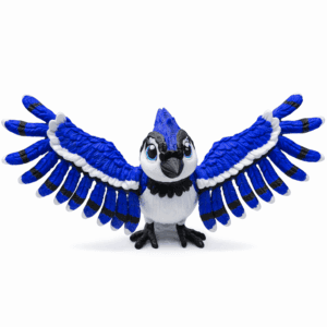 Front view of an articulated blue jay figurine with wings spread, 3D printed bird collectible on white background