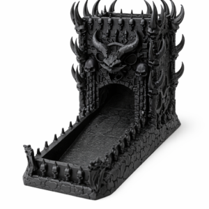 Black gothic dungeon dice tower 3D printed in PLA for DND and tabletop RPG games on white background