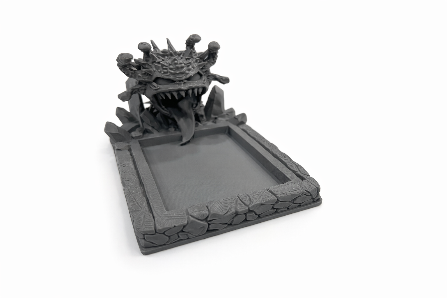 Handmade dragon dice tower and tray 3D printed in gray PLA for DND tabletop RPG gaming