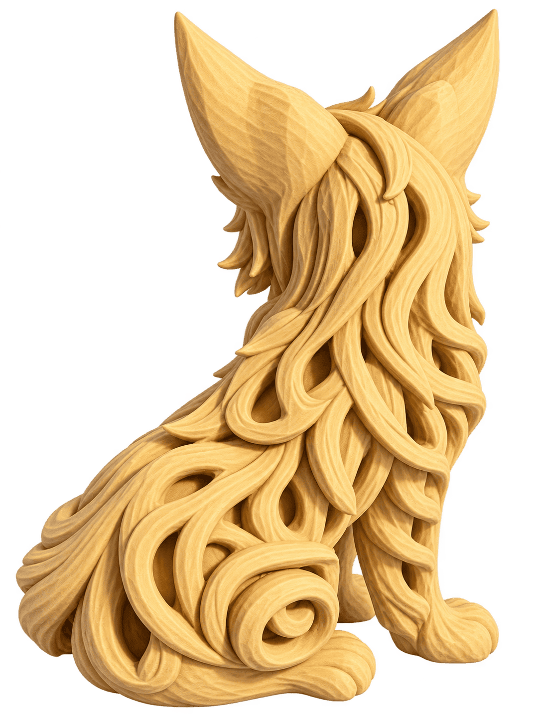 Back view of a 3D printed fox figurine featuring intricate flowing fur, beautiful swirling patterns, pointed ears, and an elegantly curled tail. Woodland animal decor by PTG3D.