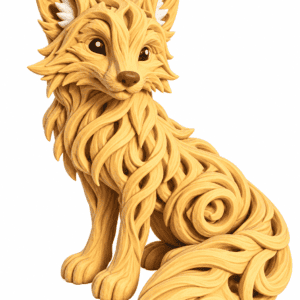Front view of a detailed 3D printed fox figurine featuring flowing sculpted fur, pointed ears, black eyes, and an elegant curled tail. Woodland animal home decor by PTG3D