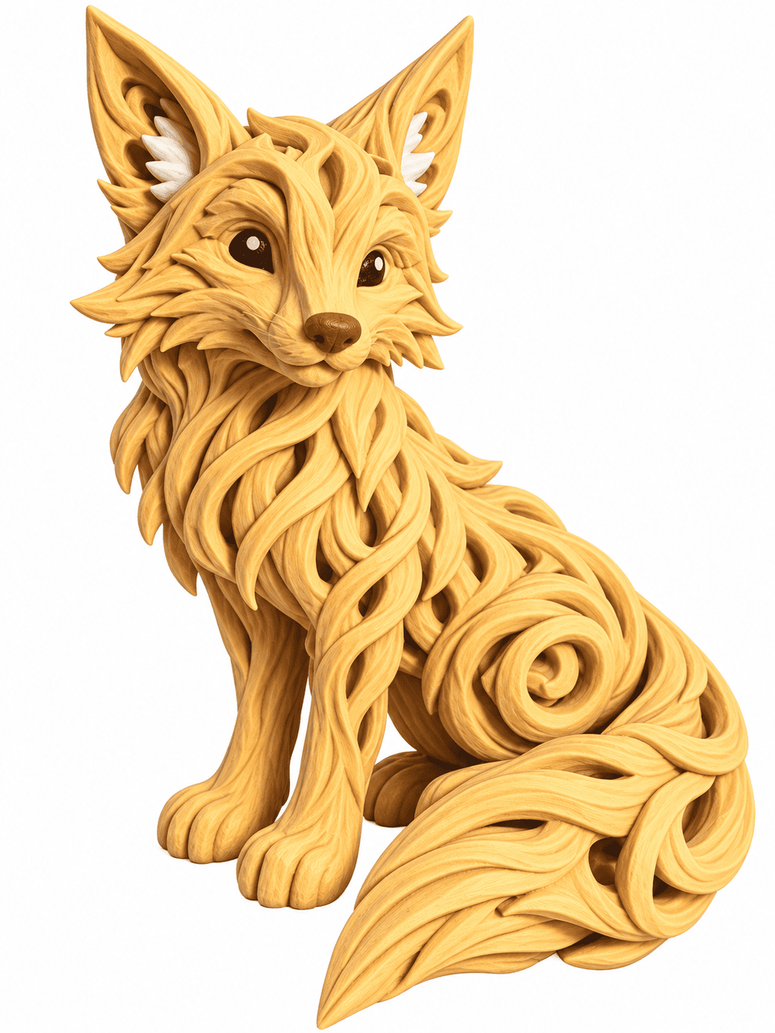 Front view of a detailed 3D printed fox figurine featuring flowing sculpted fur, pointed ears, black eyes, and an elegant curled tail. Woodland animal home decor by PTG3D