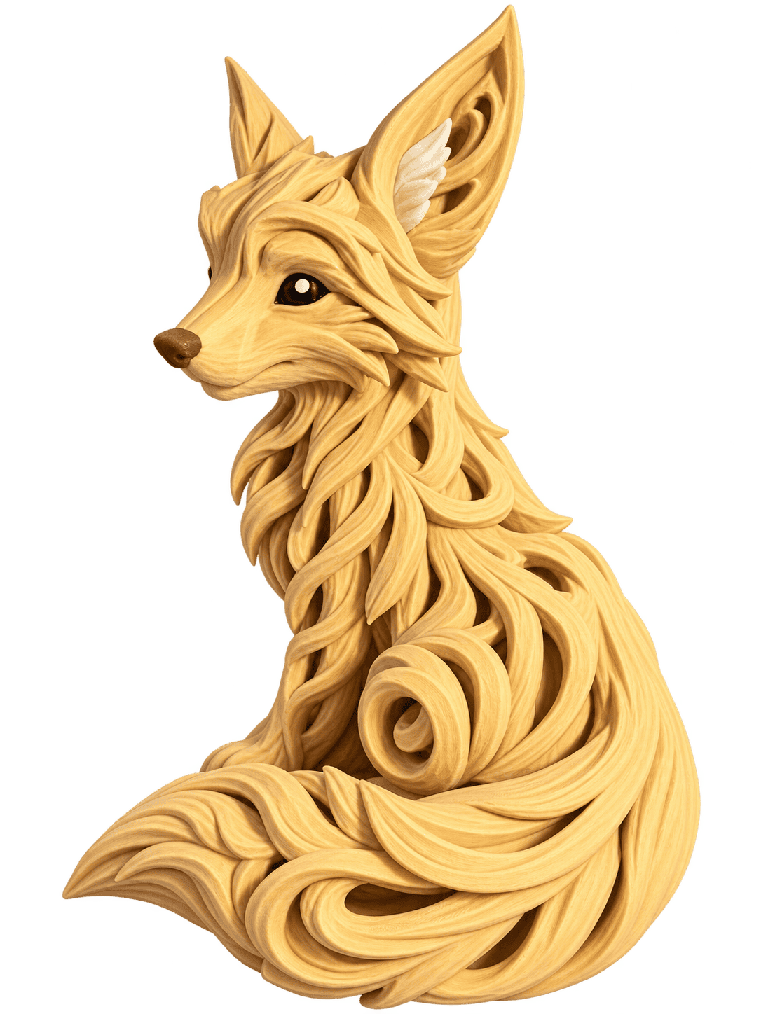 Side view of a 3D printed fox figurine featuring intricate flowing fur, pointed ears, expressive black eyes, and a beautifully curled tail. Woodland animal decor by PTG3D.