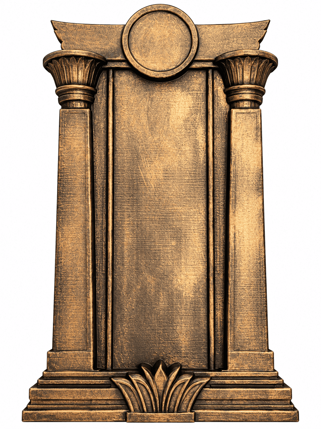 Back view of hand-painted Egyptian goddess statue showing two decorative Egyptian columns, central bronze-look panel, and detailed lotus base.