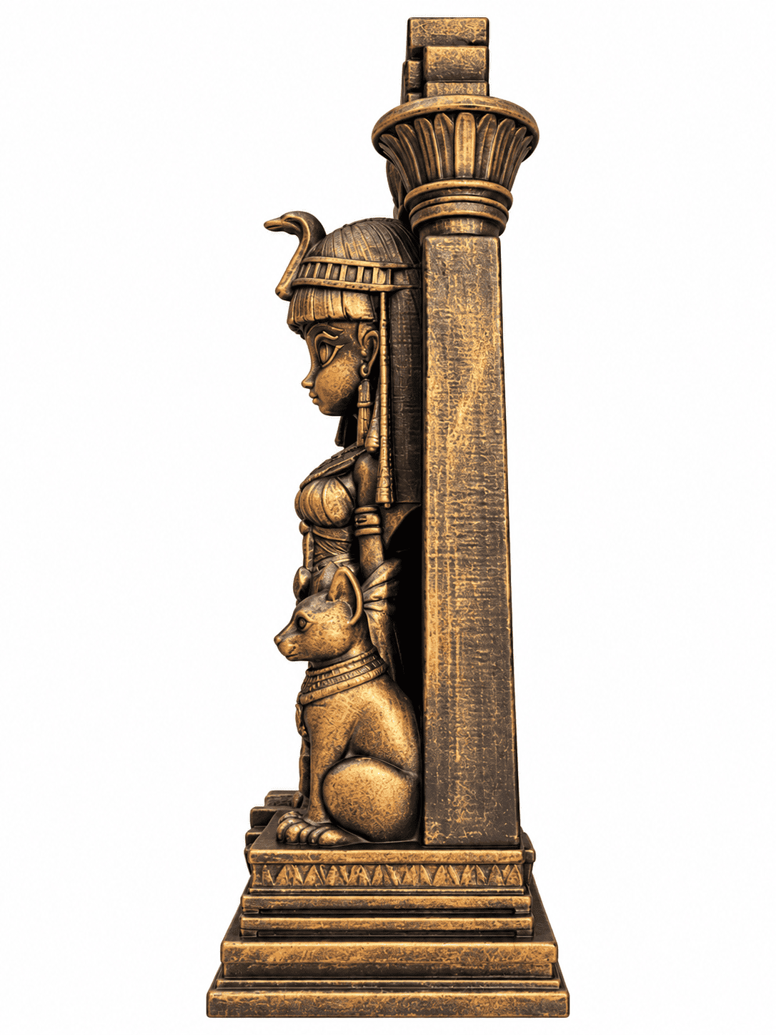 Side view of hand-painted Egyptian goddess statue featuring a seated cat, Egyptian column, and antique bronze finish.
