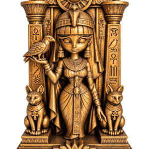 Hand-painted Egyptian goddess statue with two cats, falcon, and ornate columns in an antique bronze finish.