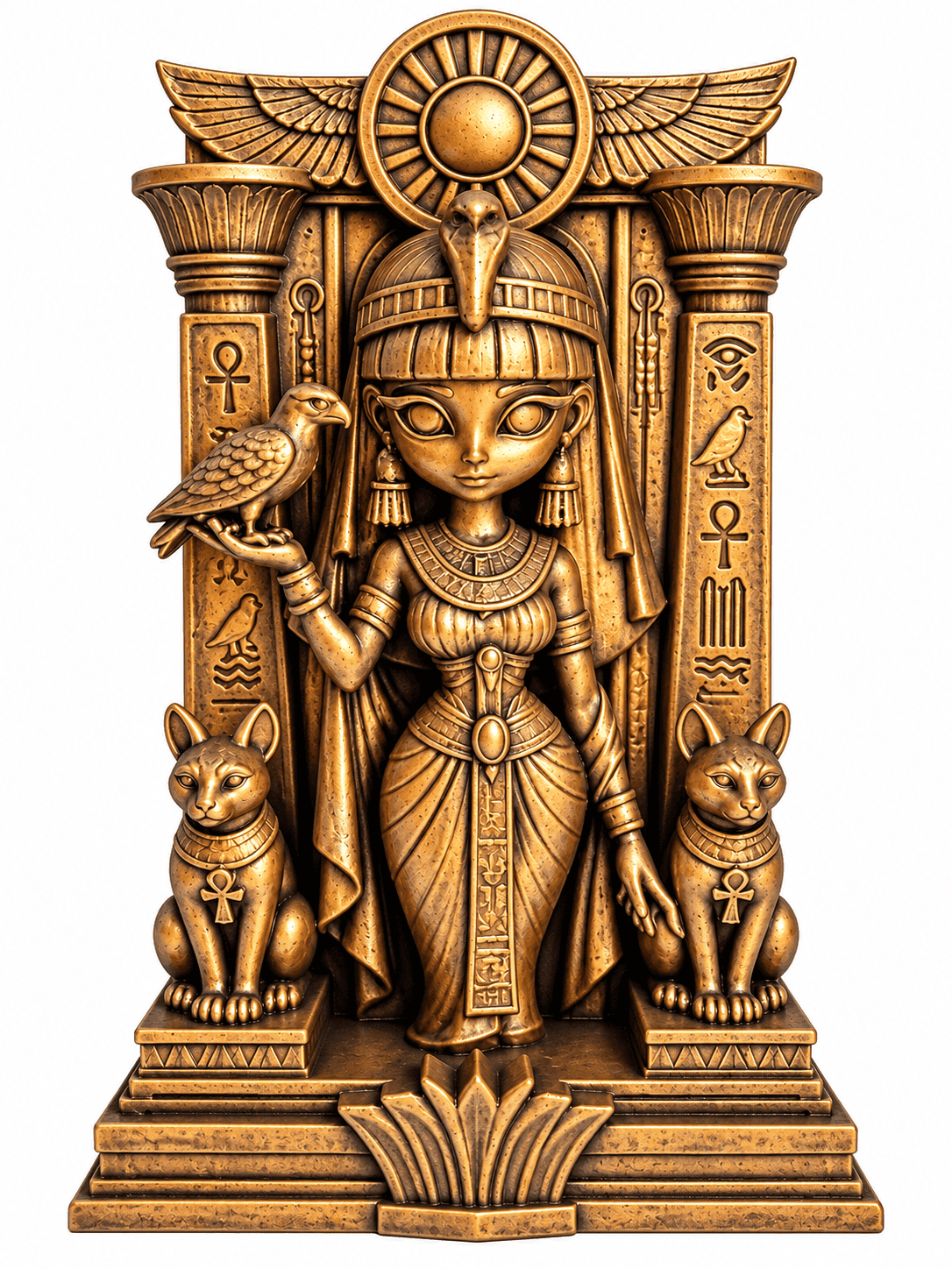 Hand-painted Egyptian goddess statue with two cats, falcon, and ornate columns in an antique bronze finish.